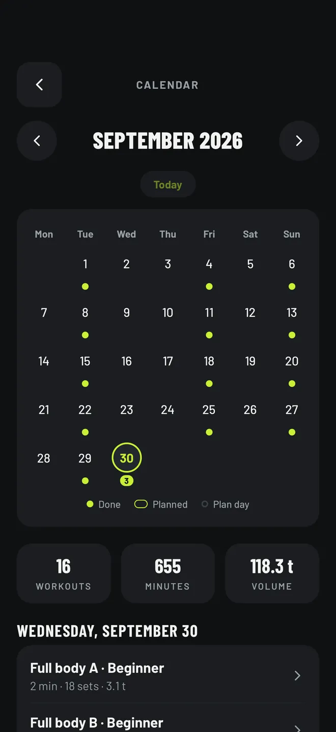 Monthly calendar of completed workouts