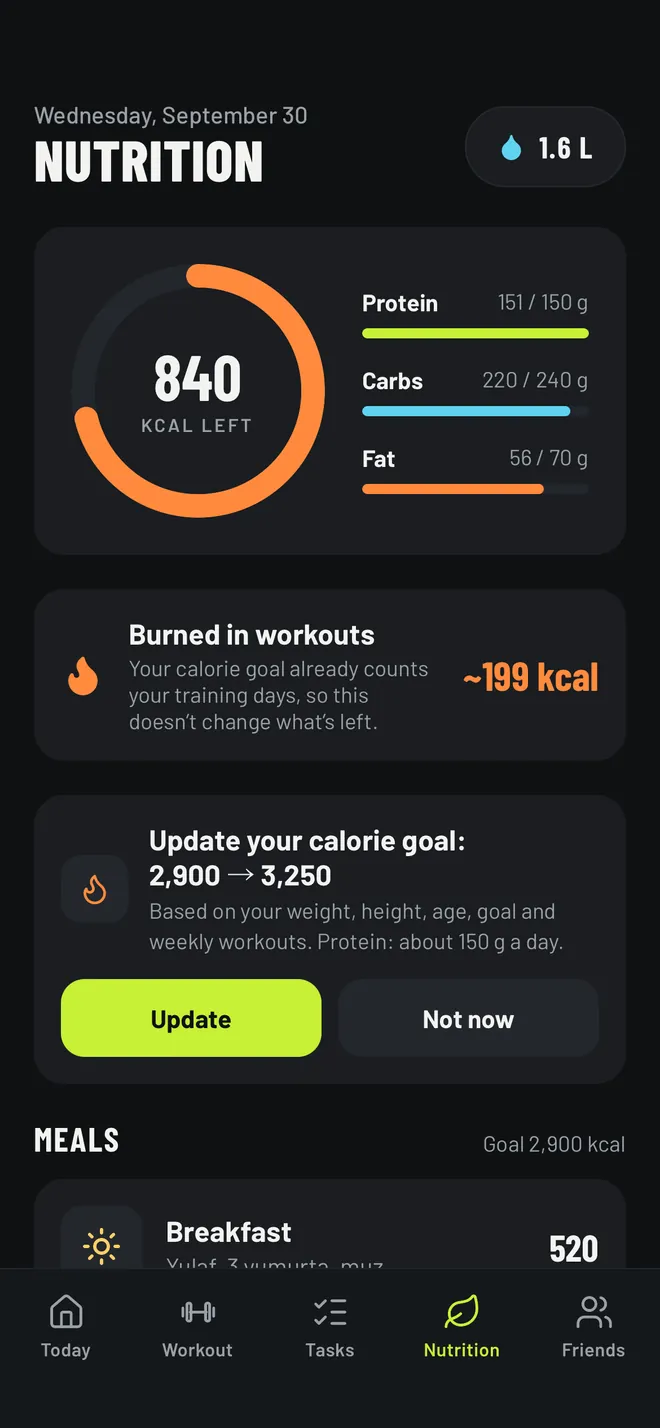Nutrition screen with calories left and macros