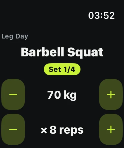 Apple Watch'ta Barbell Squat 70 kg × 8 kaydı